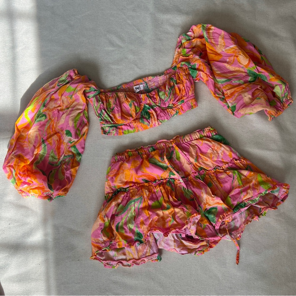 Pink Orange Floral Ruffle Women’s Shorts